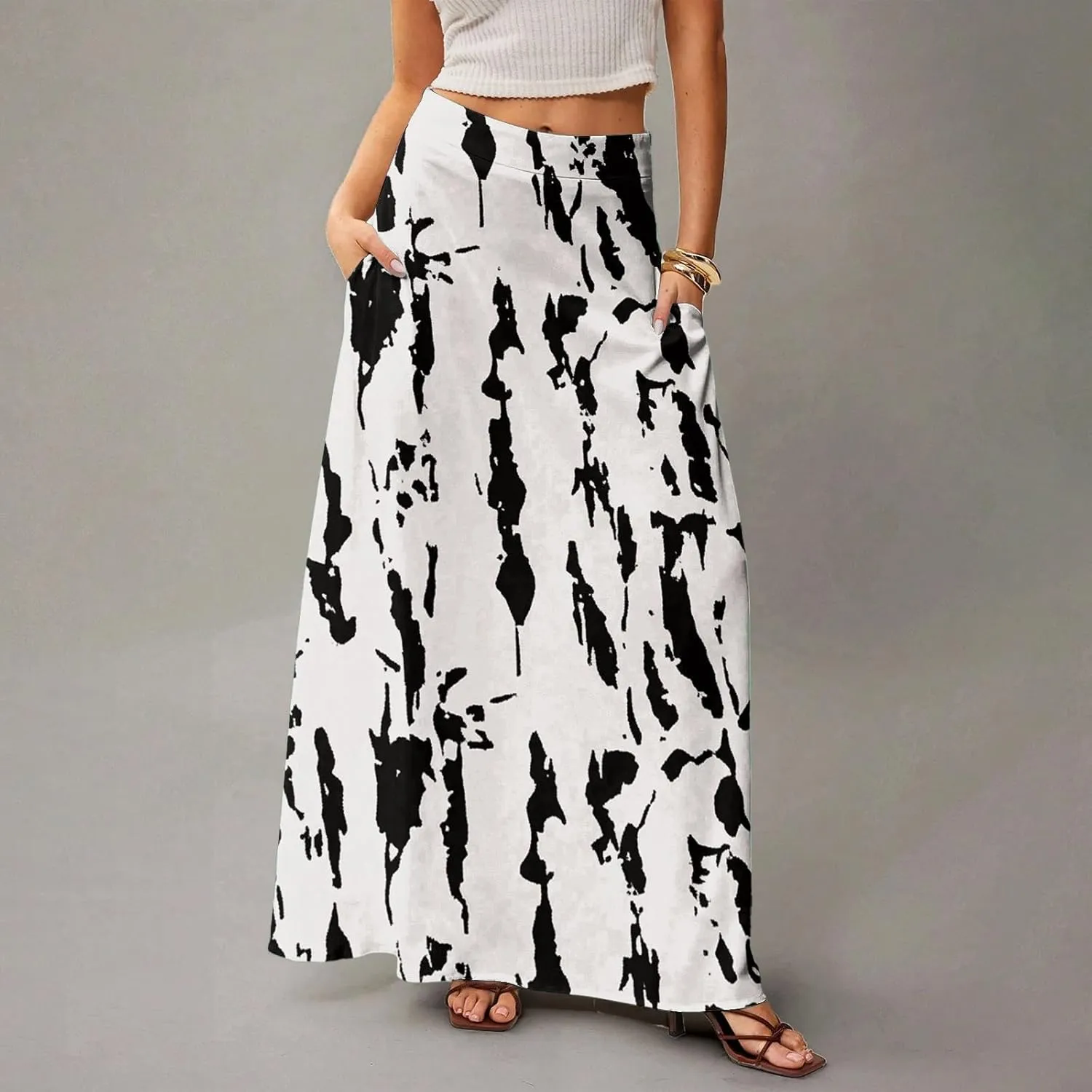 Women's Maxi Skirt 2025 Elastic High Waist Flared Maxi Skirts Floral Swing Midi Casual Summer Long Skirt, S-2XL