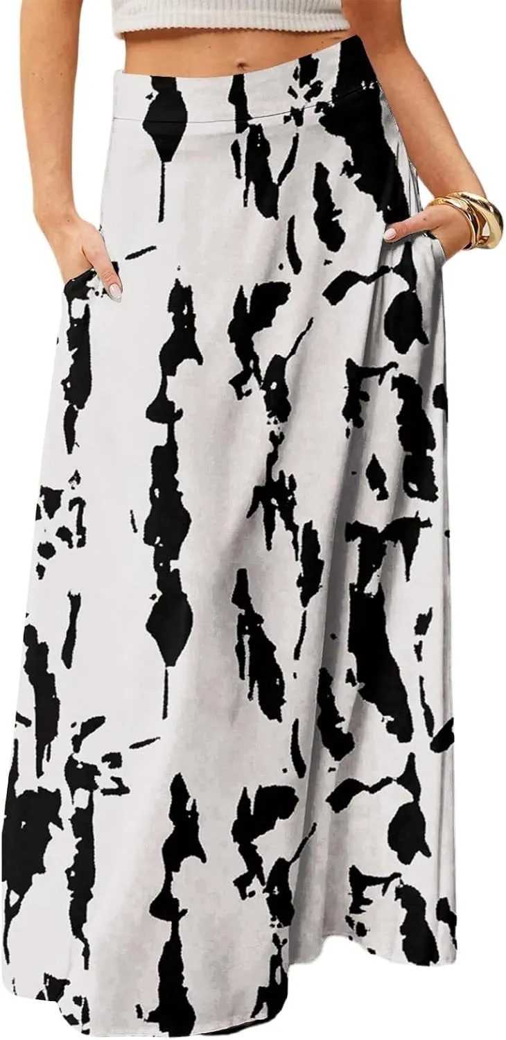 Women's Maxi Skirt 2025 Elastic High Waist Flared Maxi Skirts Floral Swing Midi Casual Summer Long Skirt, S-2XL