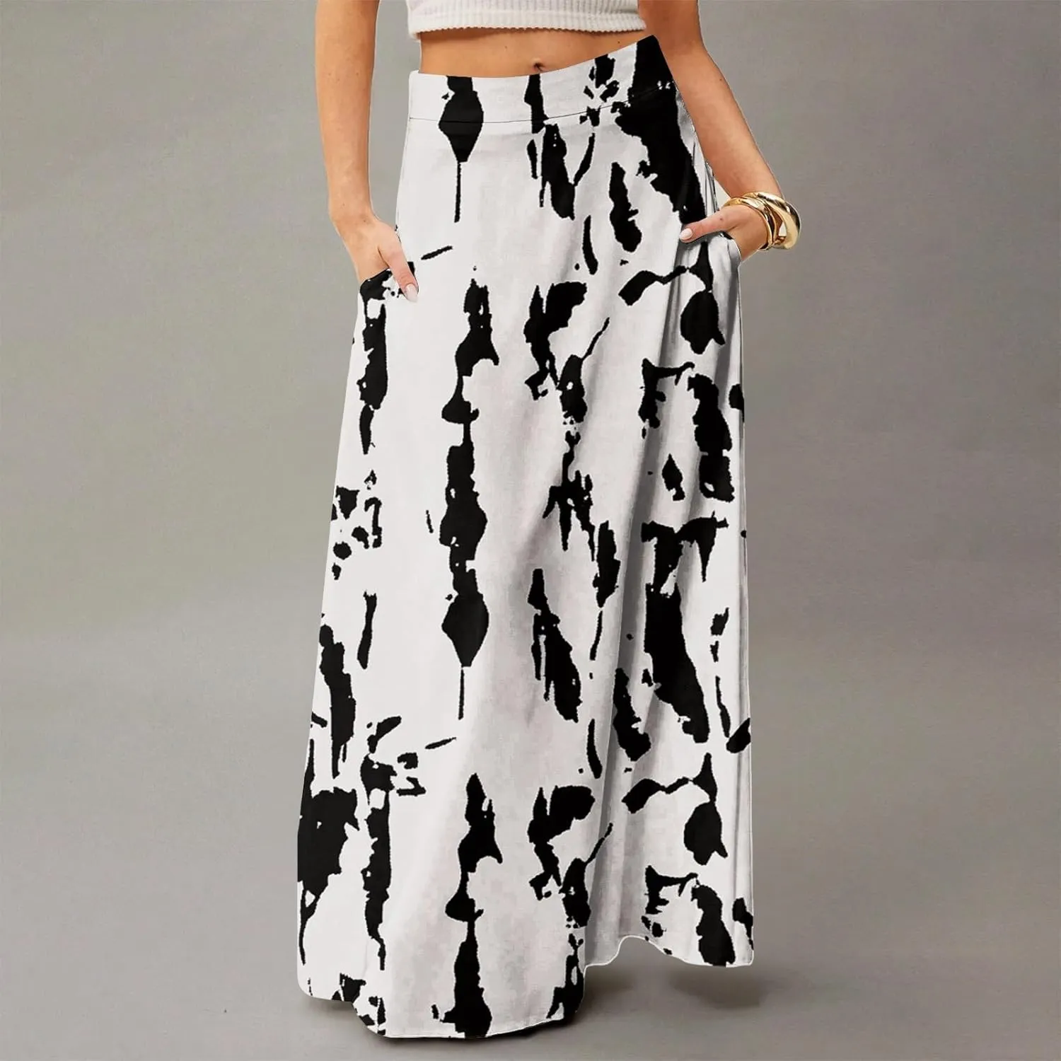 Women's Maxi Skirt 2025 Elastic High Waist Flared Maxi Skirts Floral Swing Midi Casual Summer Long Skirt, S-2XL