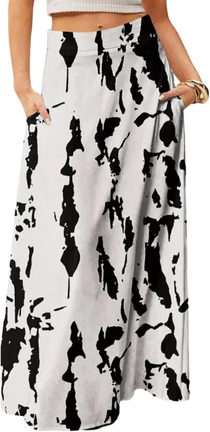 Women's Maxi Skirt 2025 Elastic High Waist Flared Maxi Skirts Floral Swing Midi Casual Summer Long Skirt, S-2XL