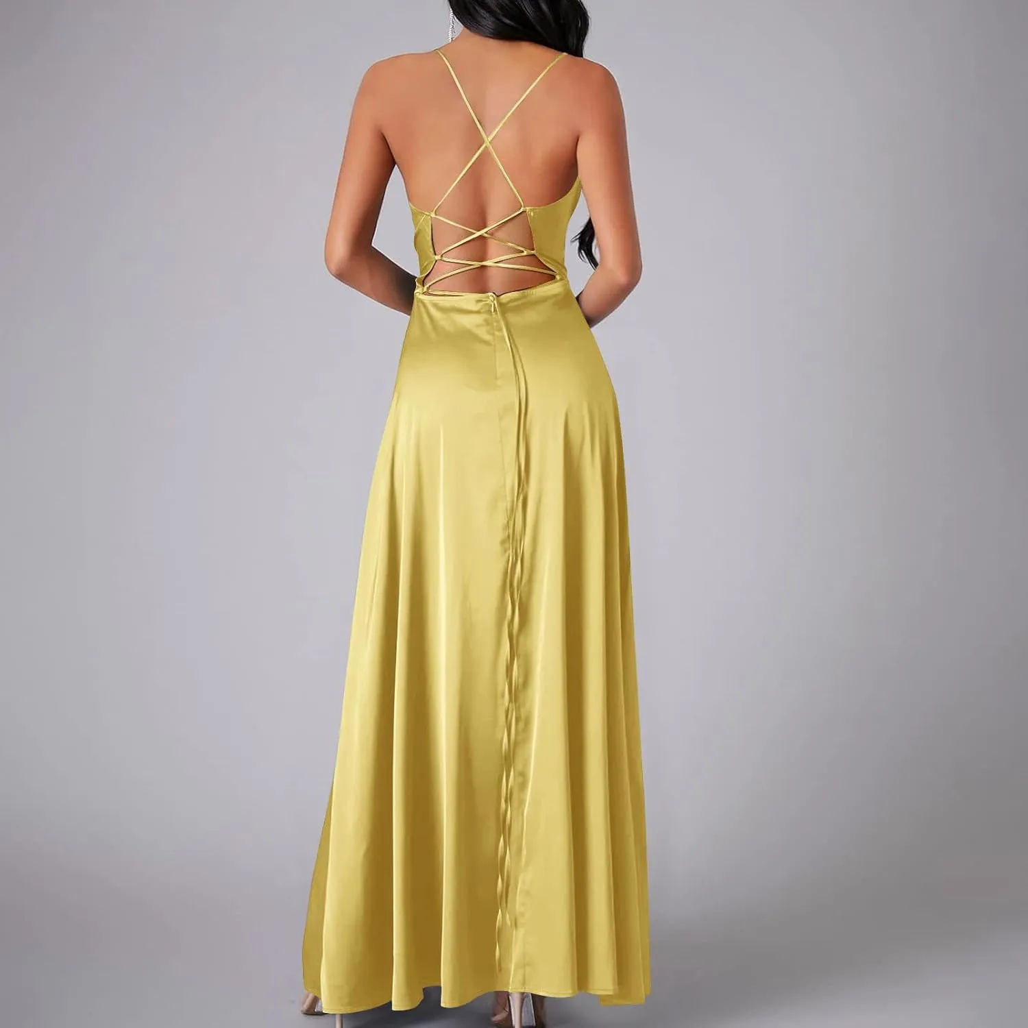 Women's Mermaid Satin Bridesmaid Dresses Sexy High Slit Long Dress Spaghetti Straps Pleated Formal Evening Party Gown