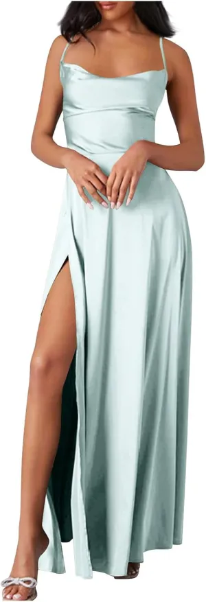 Women's Mermaid Satin Bridesmaid Dresses Sexy High Slit Long Dress Spaghetti Straps Pleated Formal Evening Party Gown