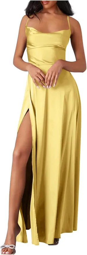Women's Mermaid Satin Bridesmaid Dresses Sexy High Slit Long Dress Spaghetti Straps Pleated Formal Evening Party Gown