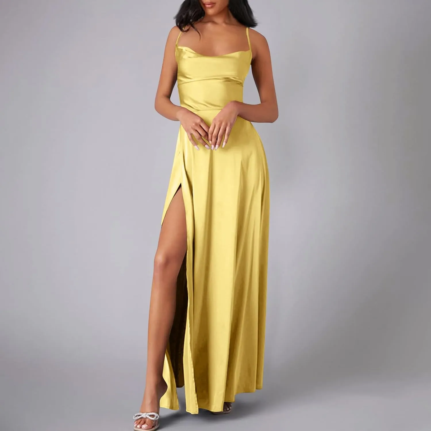 Women's Mermaid Satin Bridesmaid Dresses Sexy High Slit Long Dress Spaghetti Straps Pleated Formal Evening Party Gown