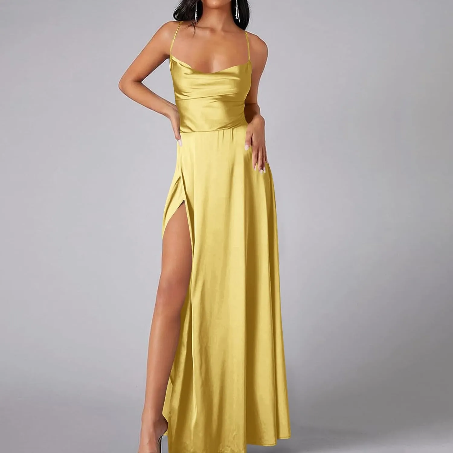 Women's Mermaid Satin Bridesmaid Dresses Sexy High Slit Long Dress Spaghetti Straps Pleated Formal Evening Party Gown