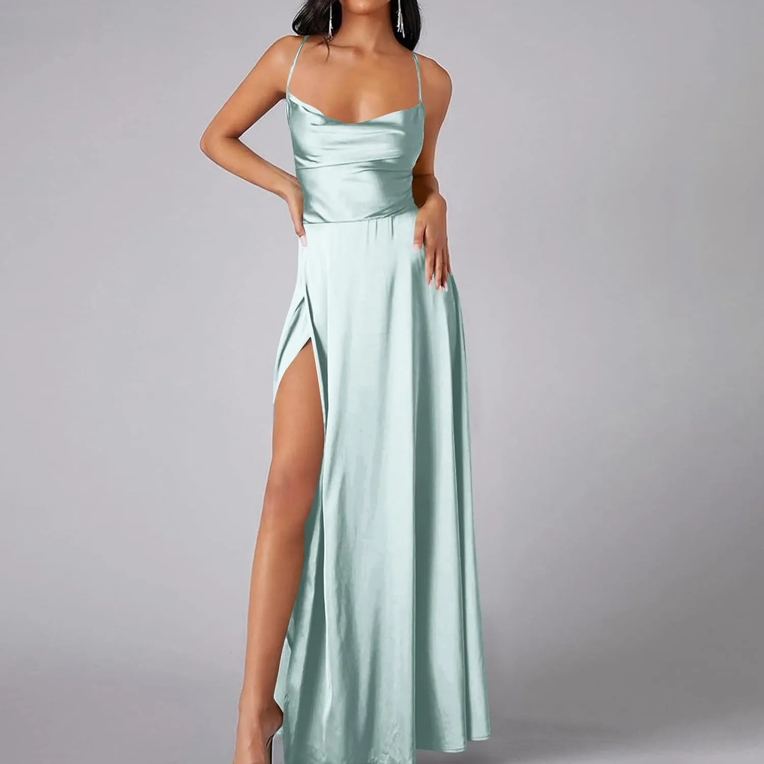 Women's Mermaid Satin Bridesmaid Dresses Sexy High Slit Long Dress Spaghetti Straps Pleated Formal Evening Party Gown