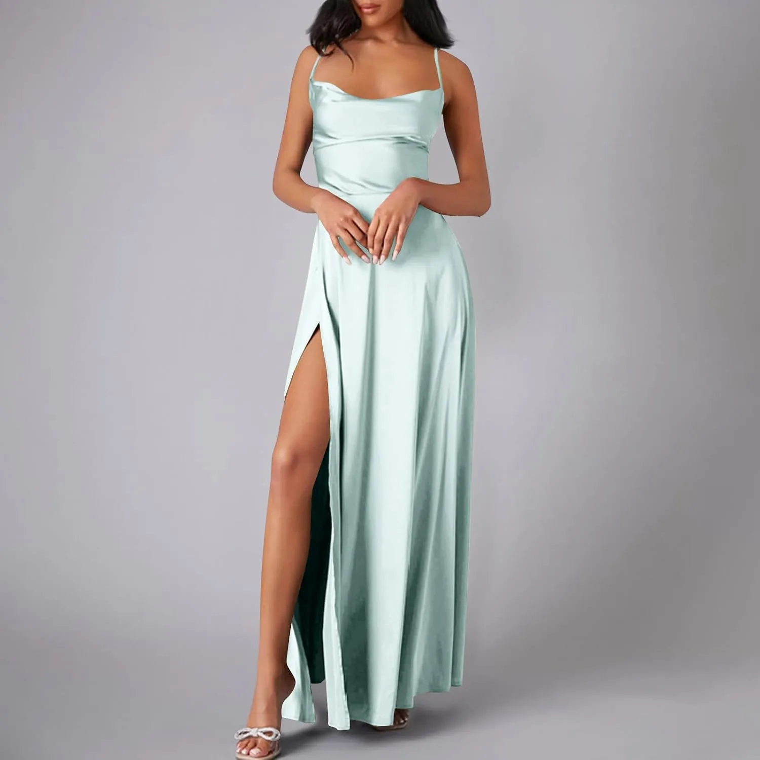 Women's Mermaid Satin Bridesmaid Dresses Sexy High Slit Long Dress Spaghetti Straps Pleated Formal Evening Party Gown