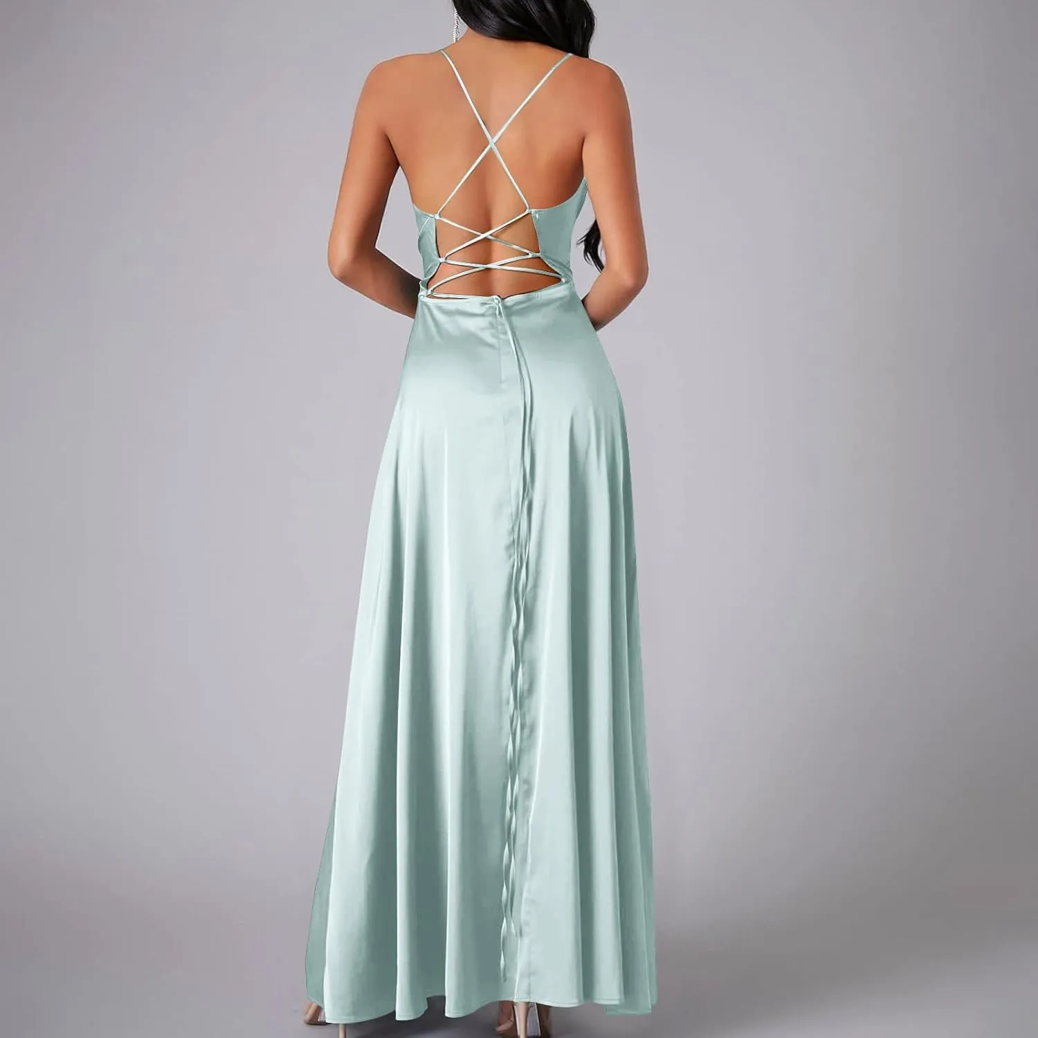 Women's Mermaid Satin Bridesmaid Dresses Sexy High Slit Long Dress Spaghetti Straps Pleated Formal Evening Party Gown