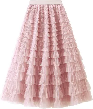 Women's Mesh Maxi Skirts Tiered Ruffle Long Skirt Solid Tulle Skirt High Waist Puffy Midi Skirts for Party Prom