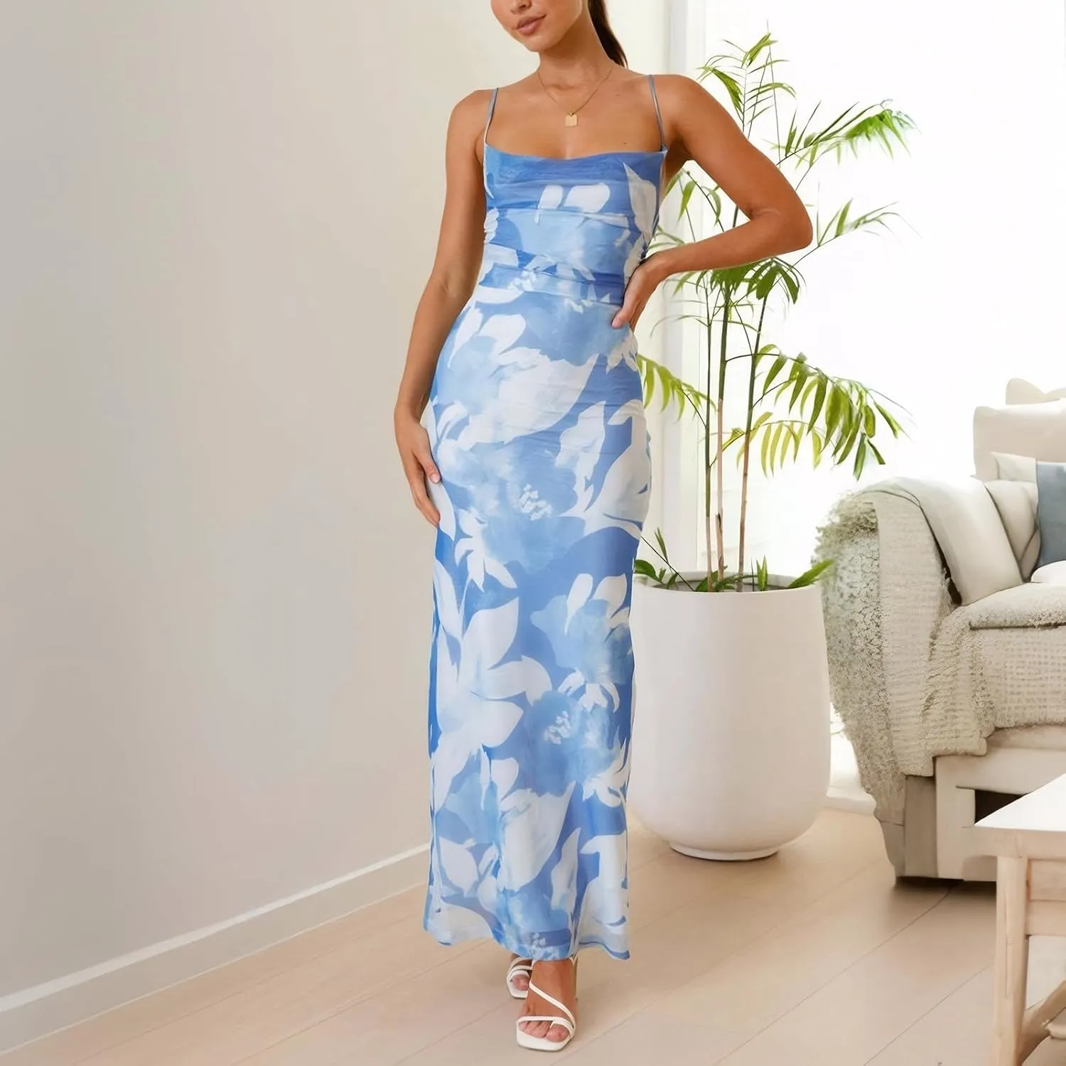 Women's Mesh Ruched Bodycon Dress Floral Spaghetti Strap Maxi Dress Stretch Sexy Backless Slip Long Dresses