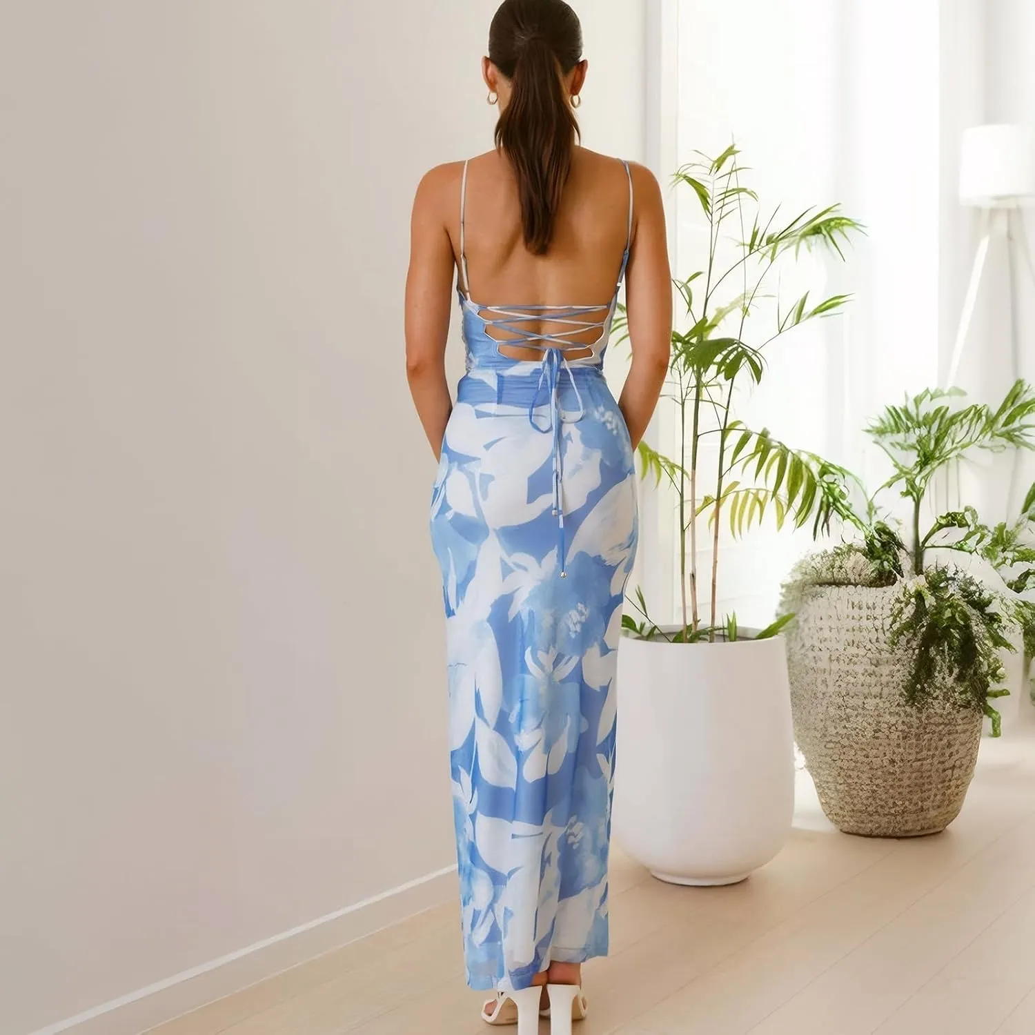 Women's Mesh Ruched Bodycon Dress Floral Spaghetti Strap Maxi Dress Stretch Sexy Backless Slip Long Dresses