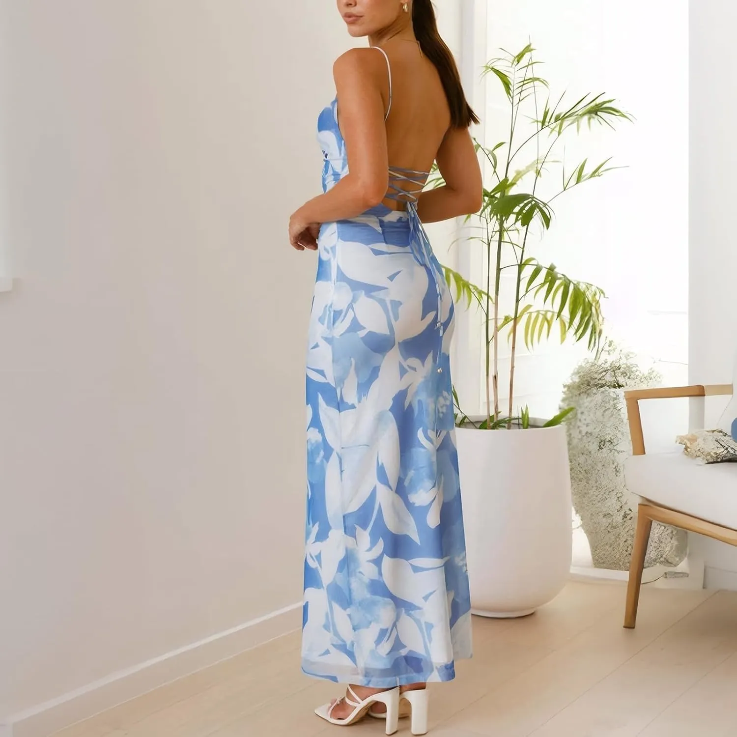 Women's Mesh Ruched Bodycon Dress Floral Spaghetti Strap Maxi Dress Stretch Sexy Backless Slip Long Dresses