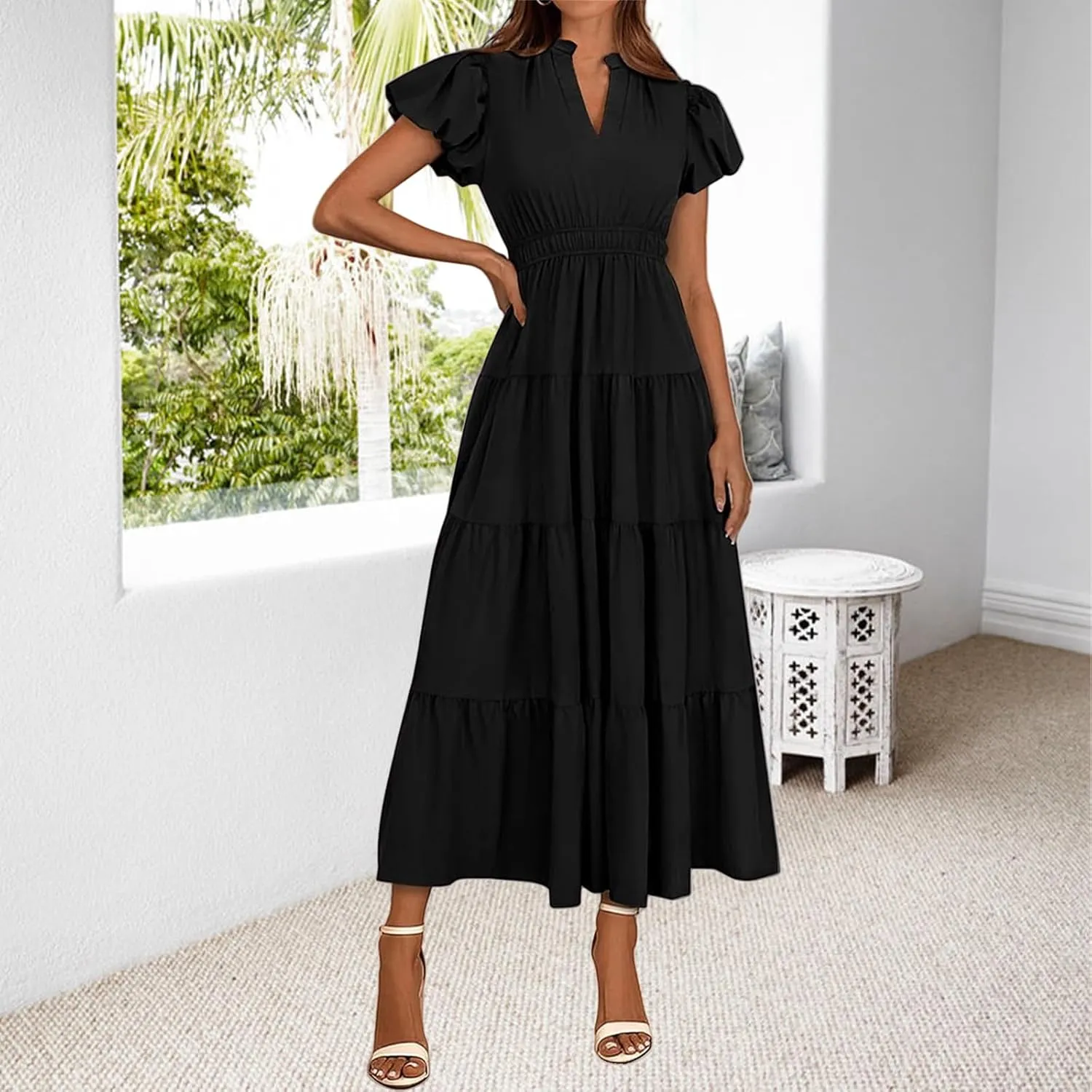 Womens Midi Dress Puff Short Sleeve V Neck Flowy Tiered Smocked Boho Beach Dresses with Pockets