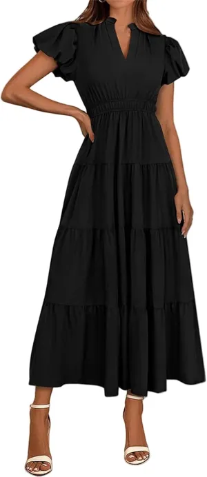 Womens Midi Dress Puff Short Sleeve V Neck Flowy Tiered Smocked Boho Beach Dresses with Pockets