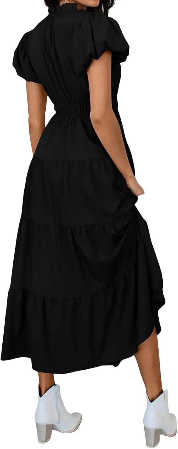 Womens Midi Dress Puff Short Sleeve V Neck Flowy Tiered Smocked Boho Beach Dresses with Pockets