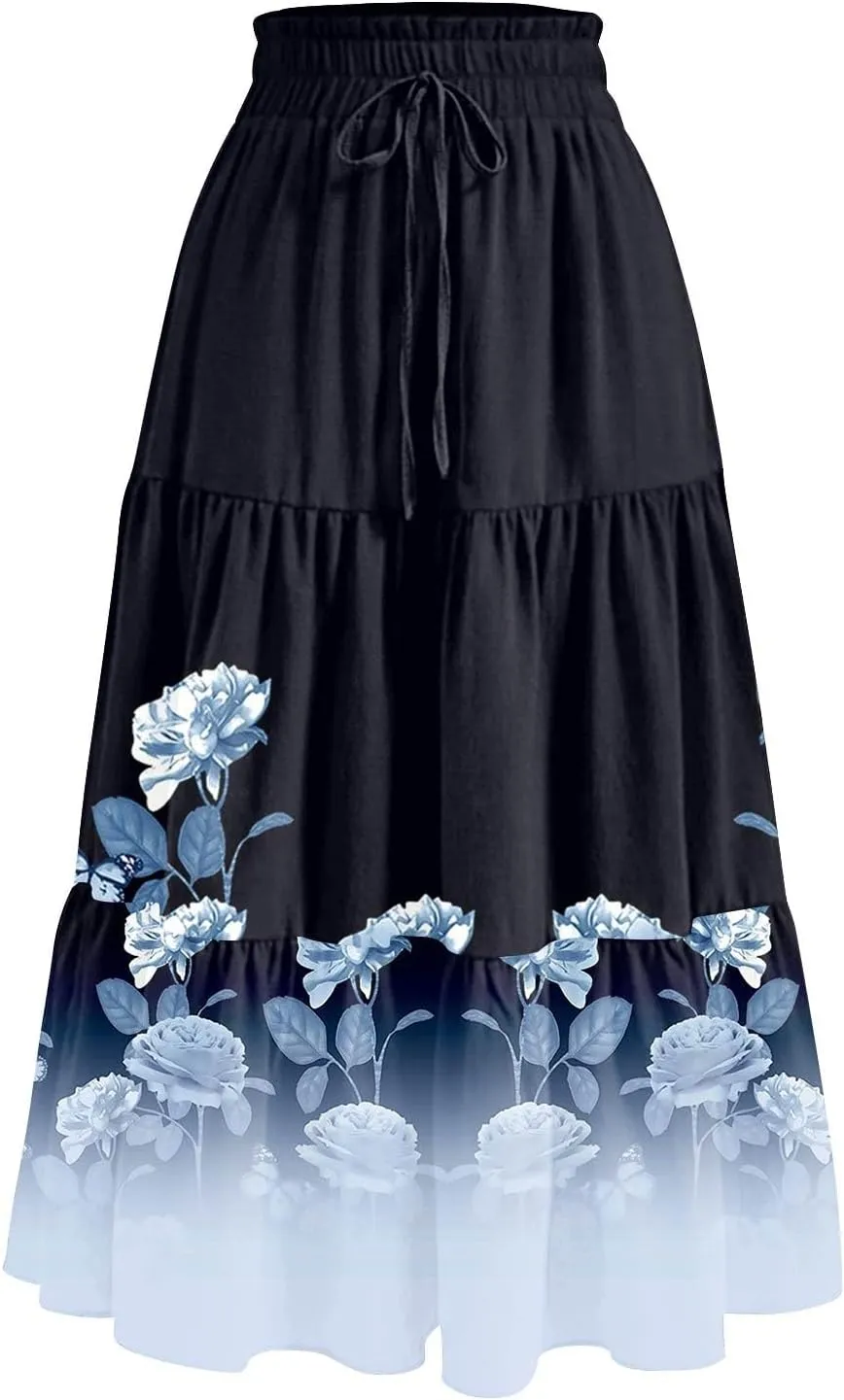 Womens Midi Skirt Elastic High Waist Pleated A-Line Flowy Skirts Boho Floral Printed Ruffle Tiered Beach Skorts