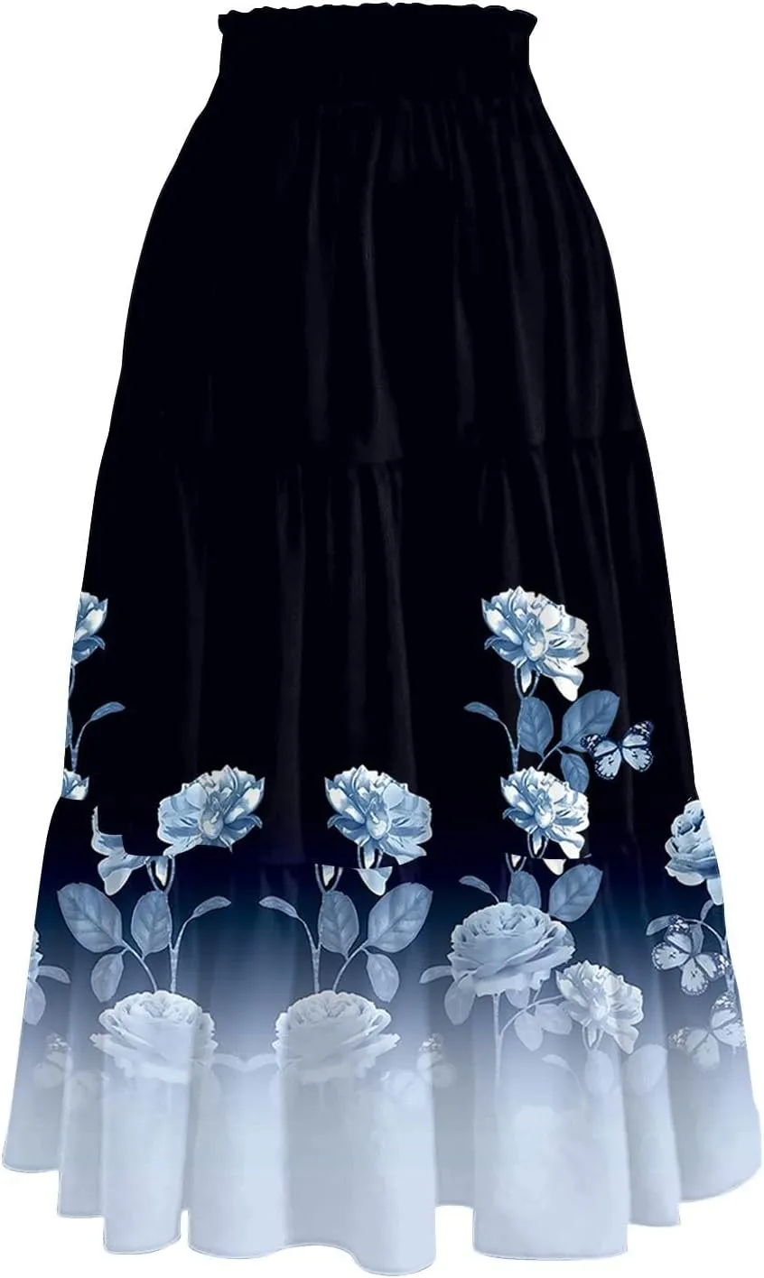 Womens Midi Skirt Elastic High Waist Pleated A-Line Flowy Skirts Boho Floral Printed Ruffle Tiered Beach Skorts