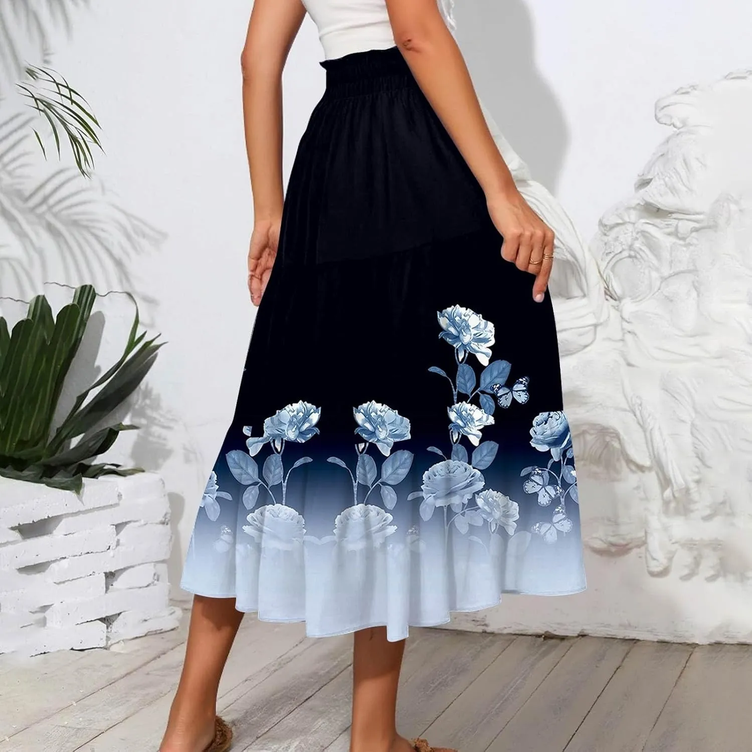 Womens Midi Skirt Elastic High Waist Pleated A-Line Flowy Skirts Boho Floral Printed Ruffle Tiered Beach Skorts