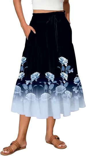 Womens Midi Skirt Elastic High Waist Pleated A-Line Flowy Skirts Boho Floral Printed Ruffle Tiered Beach Skorts
