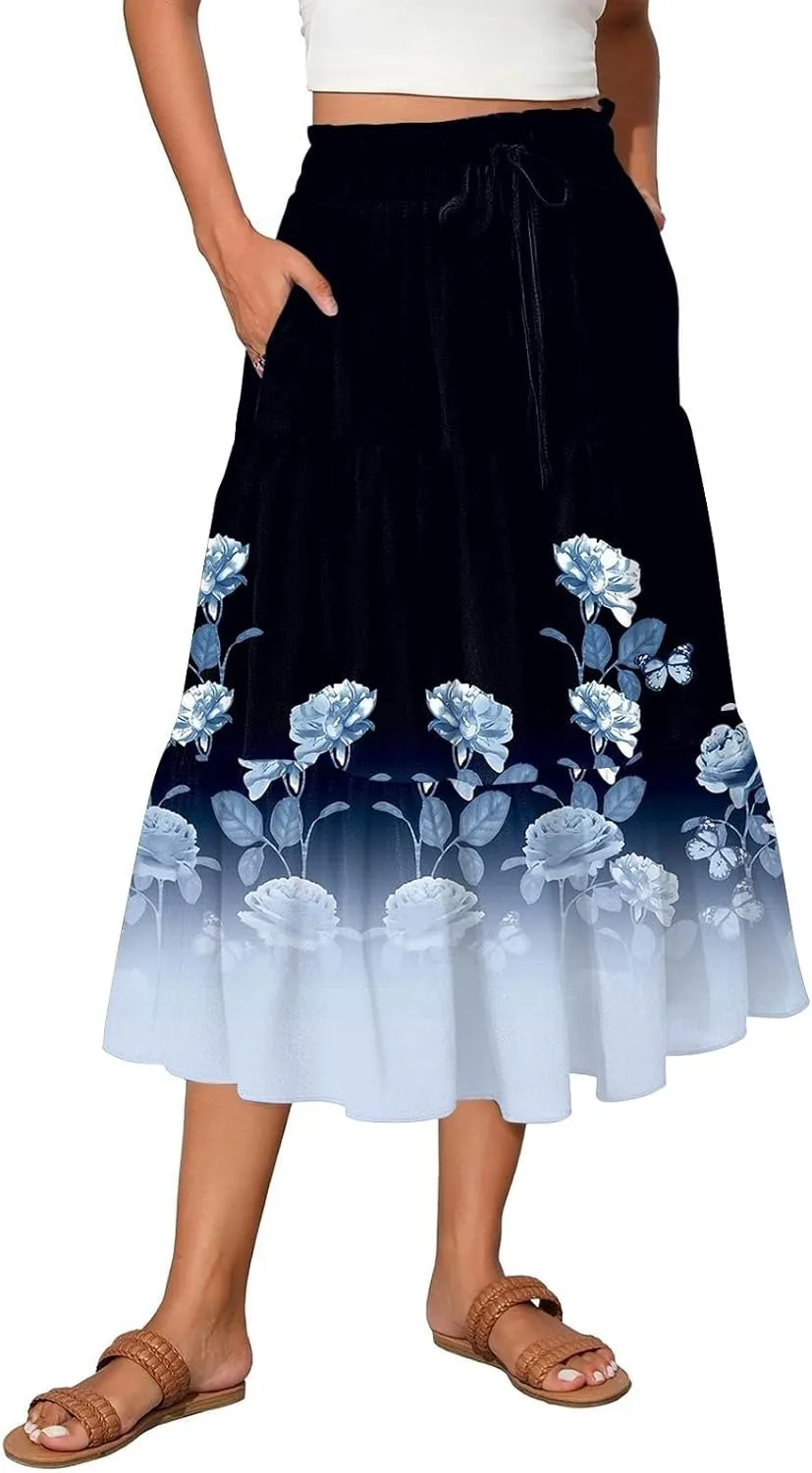Womens Midi Skirt Elastic High Waist Pleated A-Line Flowy Skirts Boho Floral Printed Ruffle Tiered Beach Skorts