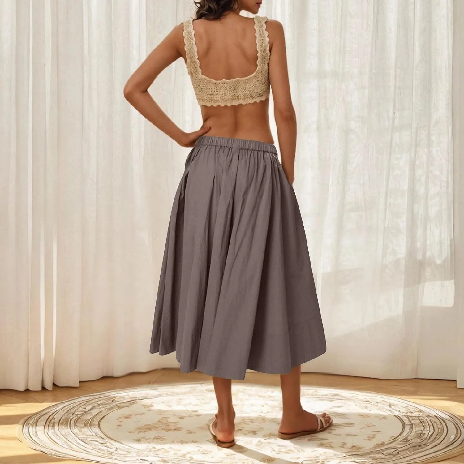 Womens Midi Skirts Casual Elastic High Waisted Pleated Flowy Long Skirts Trendy Cute Skirts Beach Vacation Outfits
