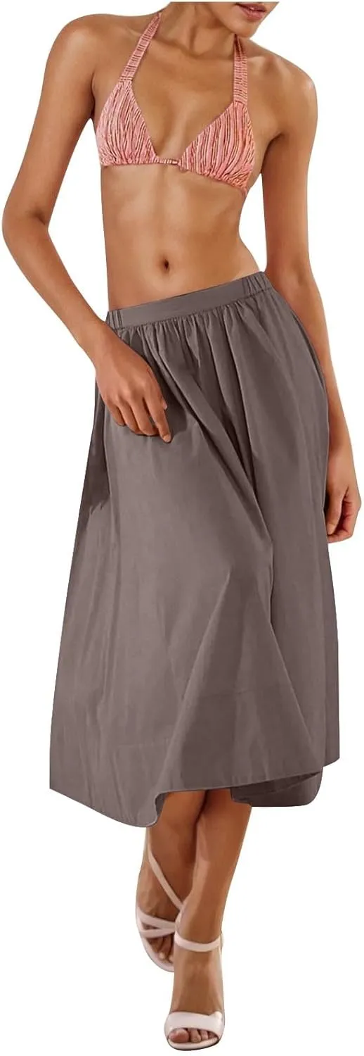 Womens Midi Skirts Casual Elastic High Waisted Pleated Flowy Long Skirts Trendy Cute Skirts Beach Vacation Outfits