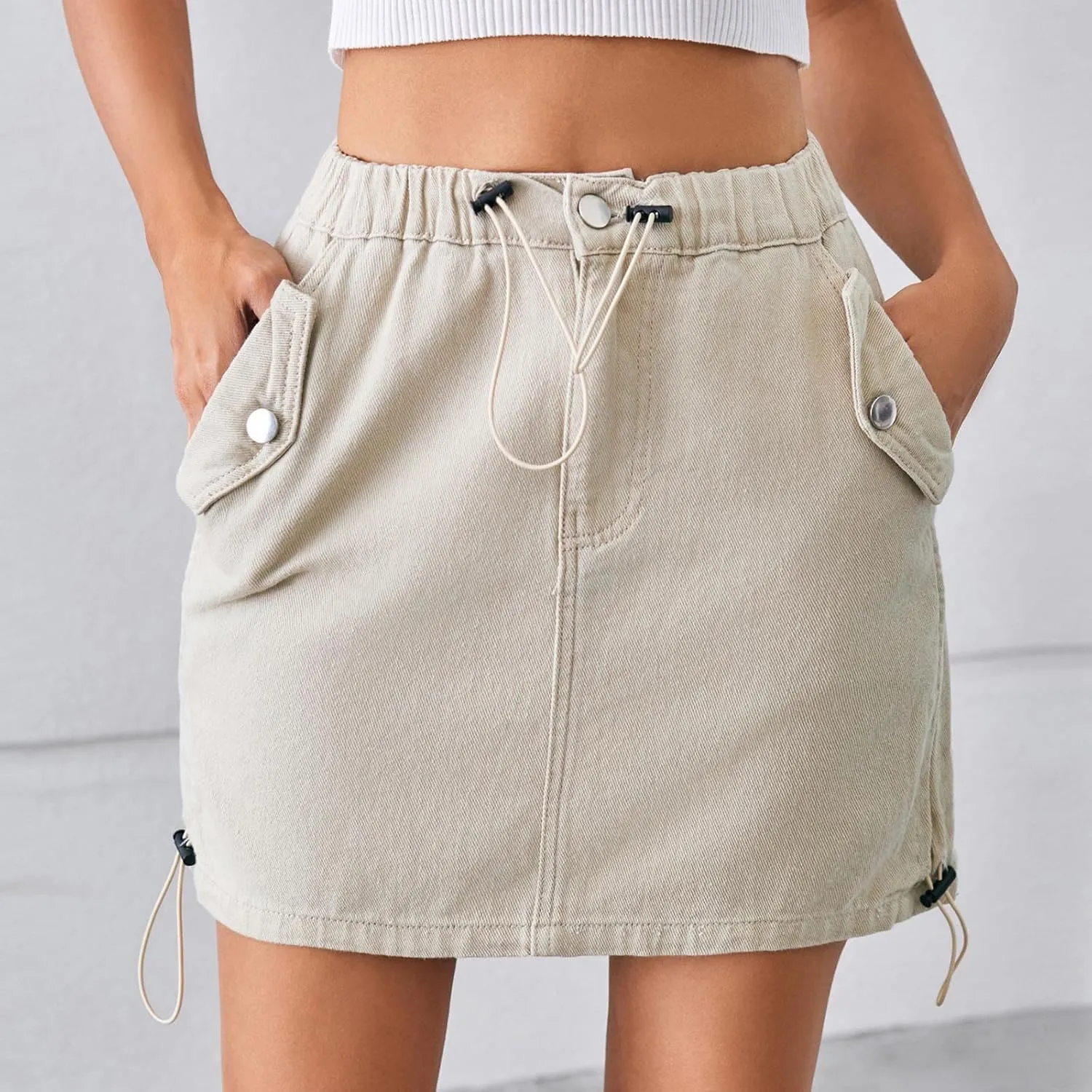 Womens Mini Denim Skirts with Pocket Drawstring Elastic Waist Cargo Short Skirts Casual Solid Color Jean Skirts