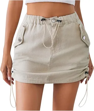 Womens Mini Denim Skirts with Pocket Drawstring Elastic Waist Cargo Short Skirts Casual Solid Color Jean Skirts