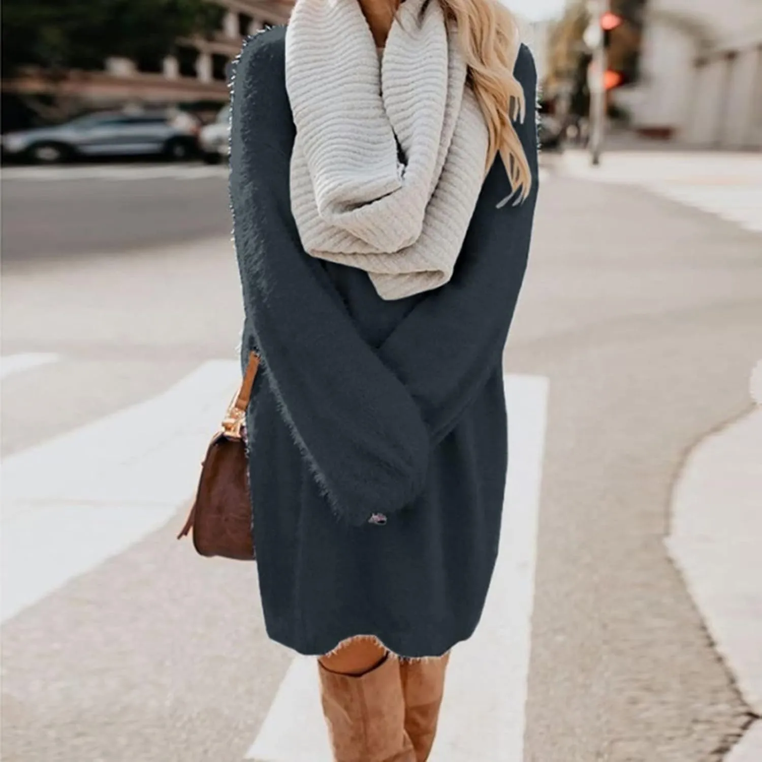 Women's Mock Sweater Dress Trendy Crewneck Long Sleeve A Line Flowy Casual 2024 Fall Fashion Ribbed Knit Sweater
