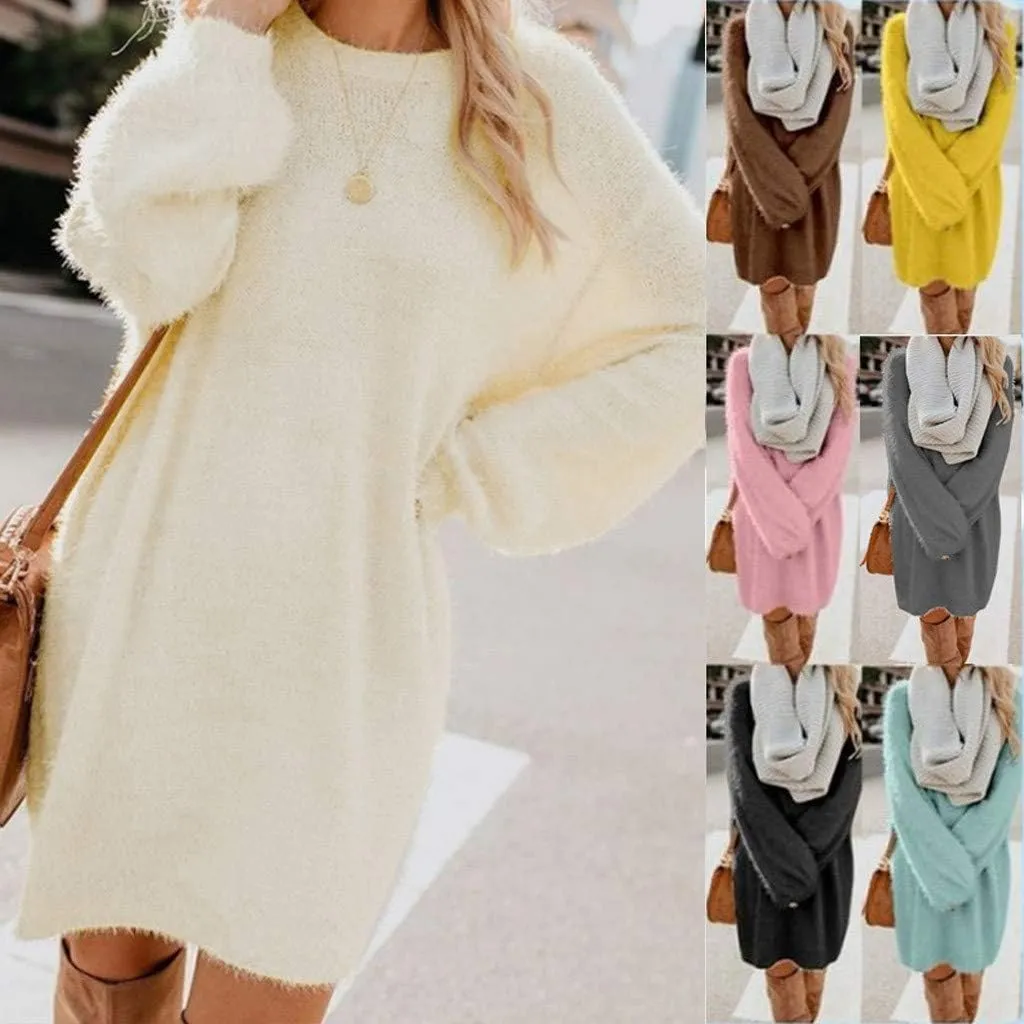 Women's Mock Sweater Dress Trendy Crewneck Long Sleeve A Line Flowy Casual 2024 Fall Fashion Ribbed Knit Sweater