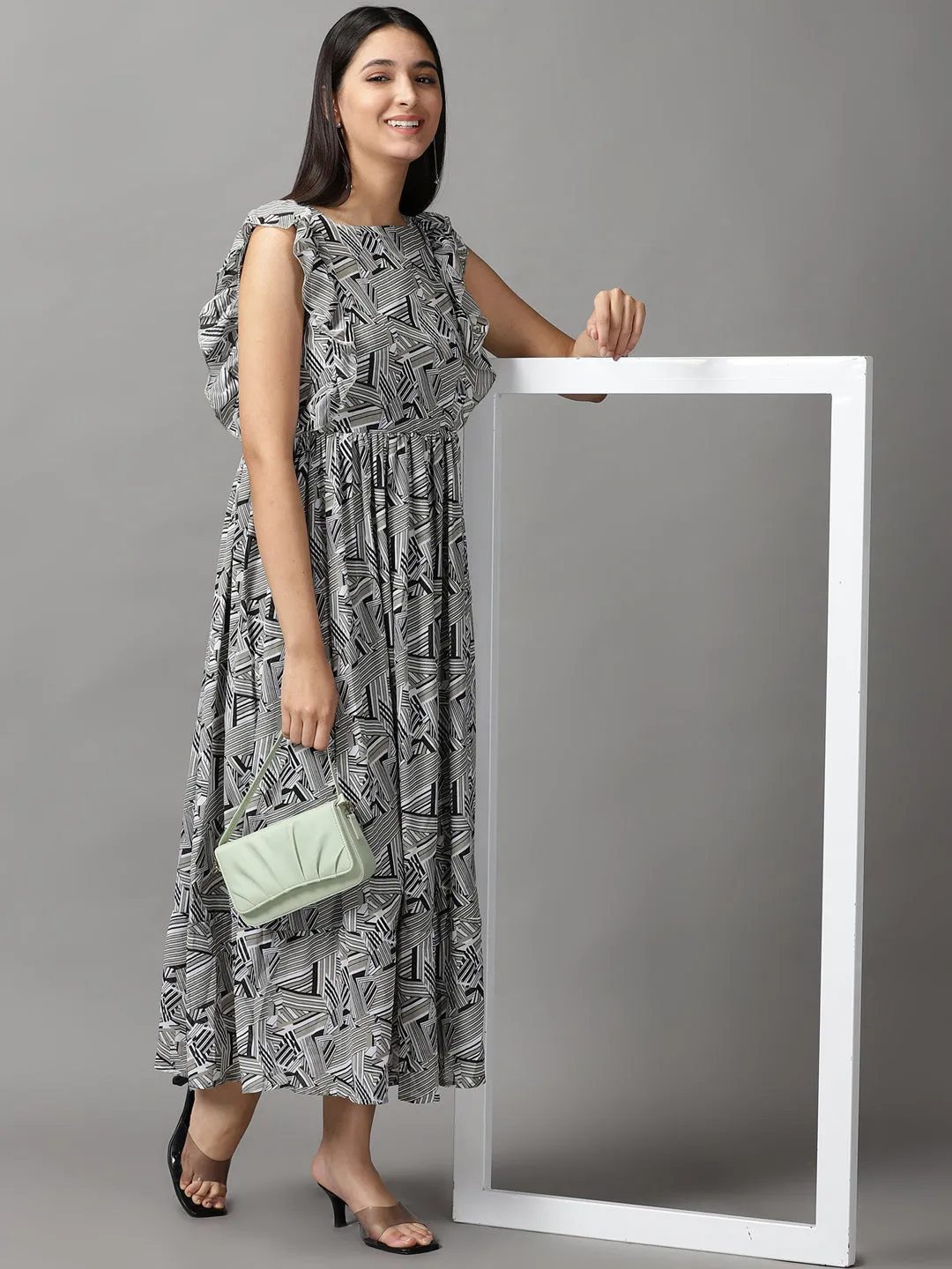 Women's Olive Geometrical Fit and Flare Dress