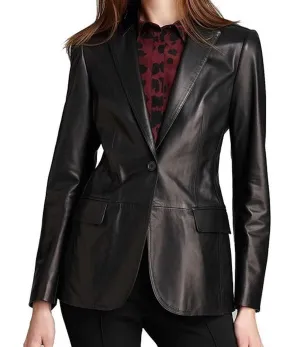 Womens One Button Blazer Black Leather Coat