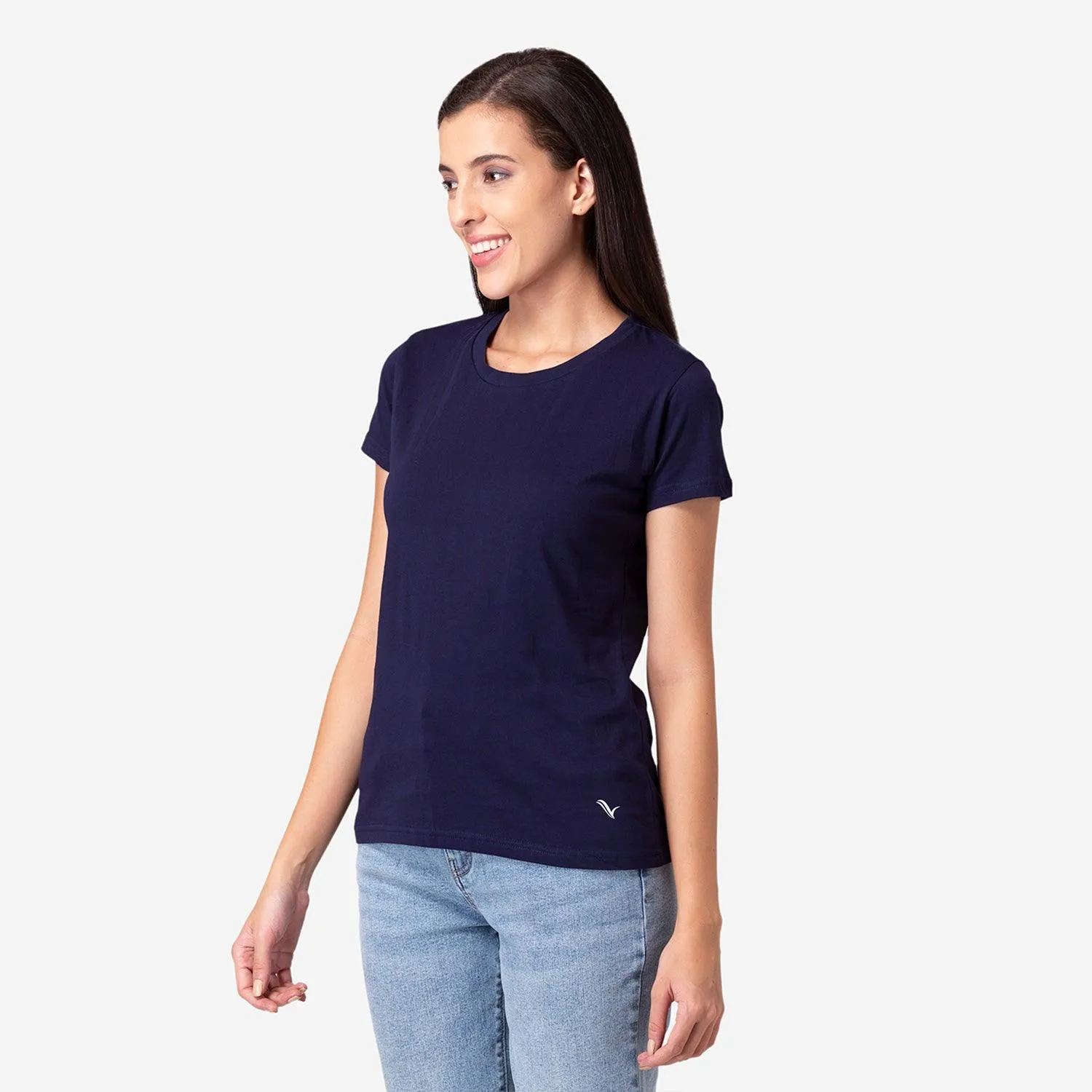 Women's Plain Half Sleeve Round-Neck T-Shirt For Summer - Dark Navy