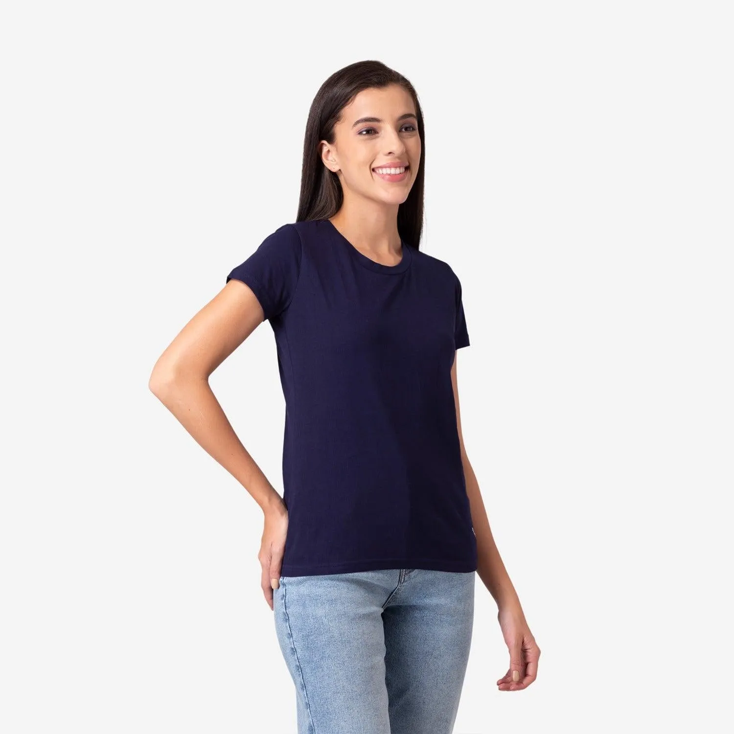 Women's Plain Half Sleeve Round-Neck T-Shirt For Summer - Dark Navy