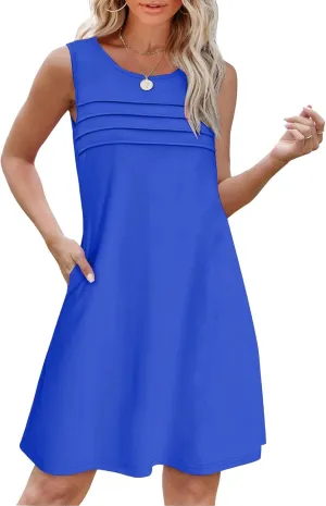 Womens Pleated Front Tank Dresses 2025 Vacation Summer Sleeveless Sundress Casual Beach Mini Dress