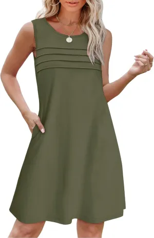 Womens Pleated Front Tank Dresses 2025 Vacation Summer Sleeveless Sundress Casual Beach Mini Dress