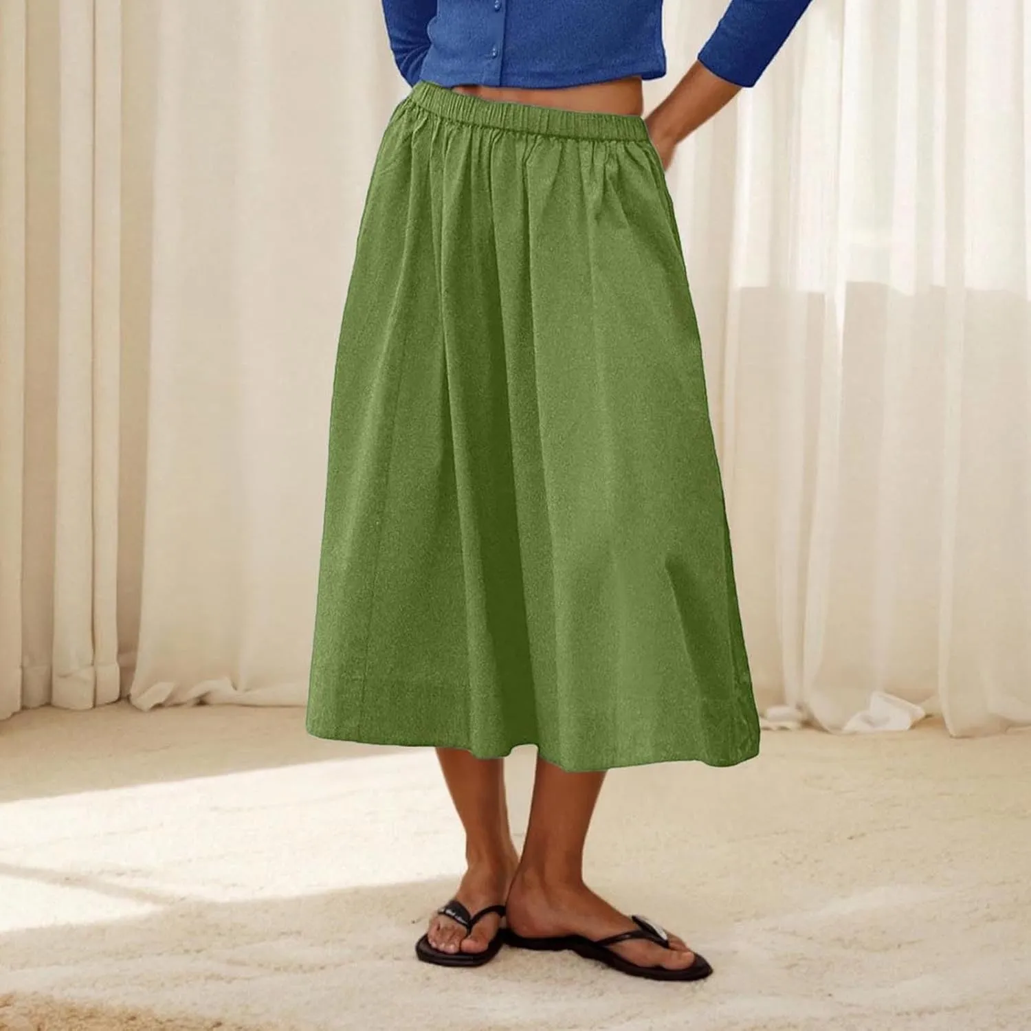 Womens Pleated Midi Skirt Stretchy High Waist Boho Swing Folded Skirt Summer Casual Elastic A-line Long Skirts
