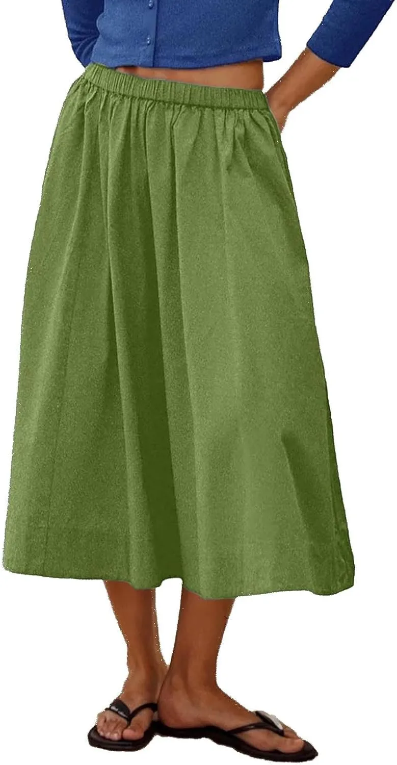 Womens Pleated Midi Skirt Stretchy High Waist Boho Swing Folded Skirt Summer Casual Elastic A-line Long Skirts