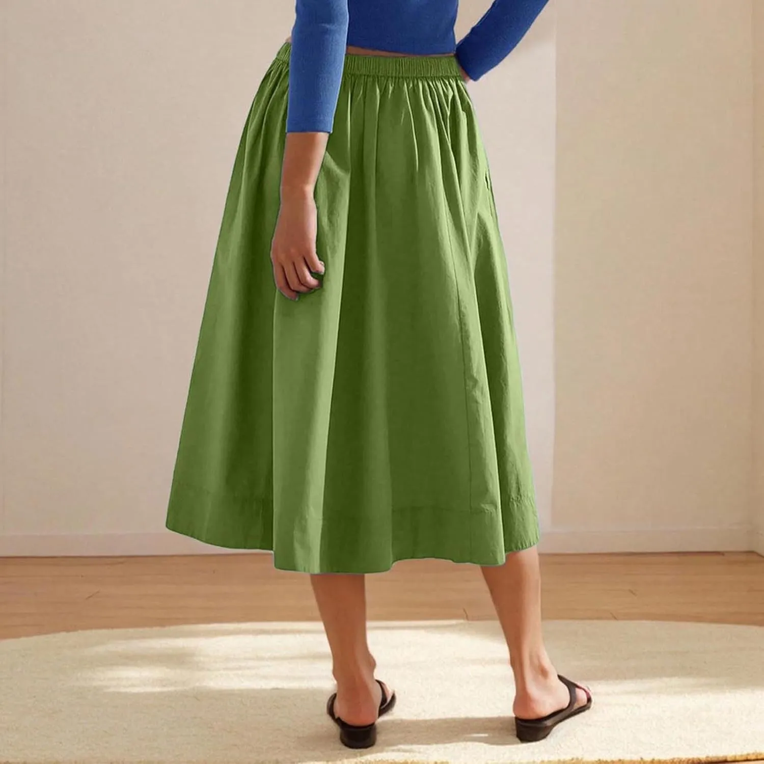 Womens Pleated Midi Skirt Stretchy High Waist Boho Swing Folded Skirt Summer Casual Elastic A-line Long Skirts