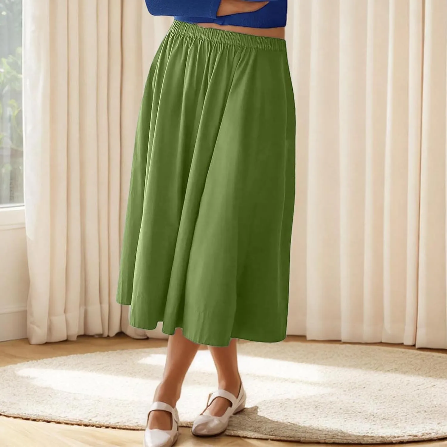 Womens Pleated Midi Skirt Stretchy High Waist Boho Swing Folded Skirt Summer Casual Elastic A-line Long Skirts