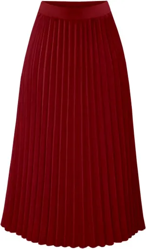Women's Pleated Skirt Elastic High Waist A-Line Midi Length Skirts Solid Color Basic Casual Summer Long Skirt