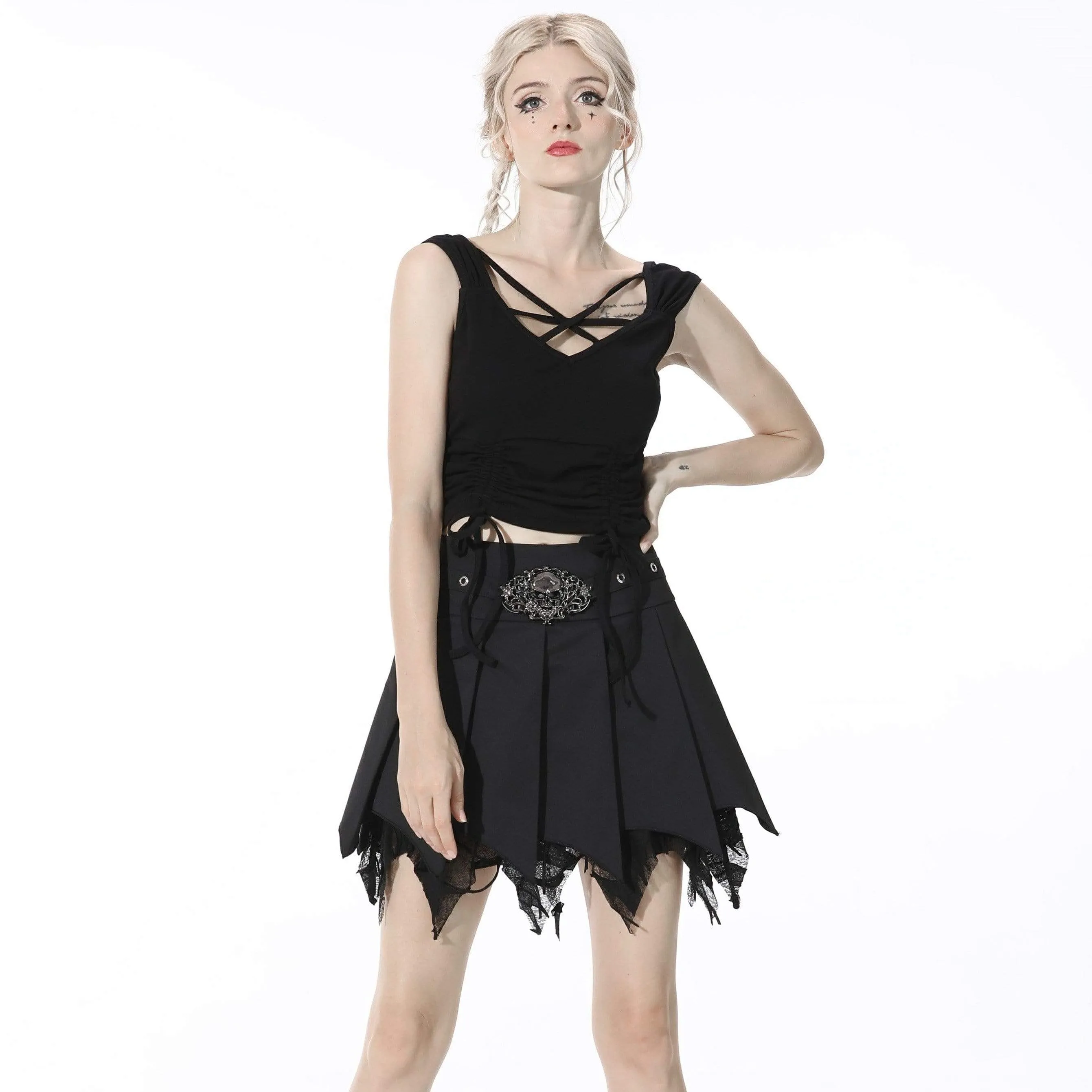 Women's Punk Skull Irregular Black Pleated Skirts