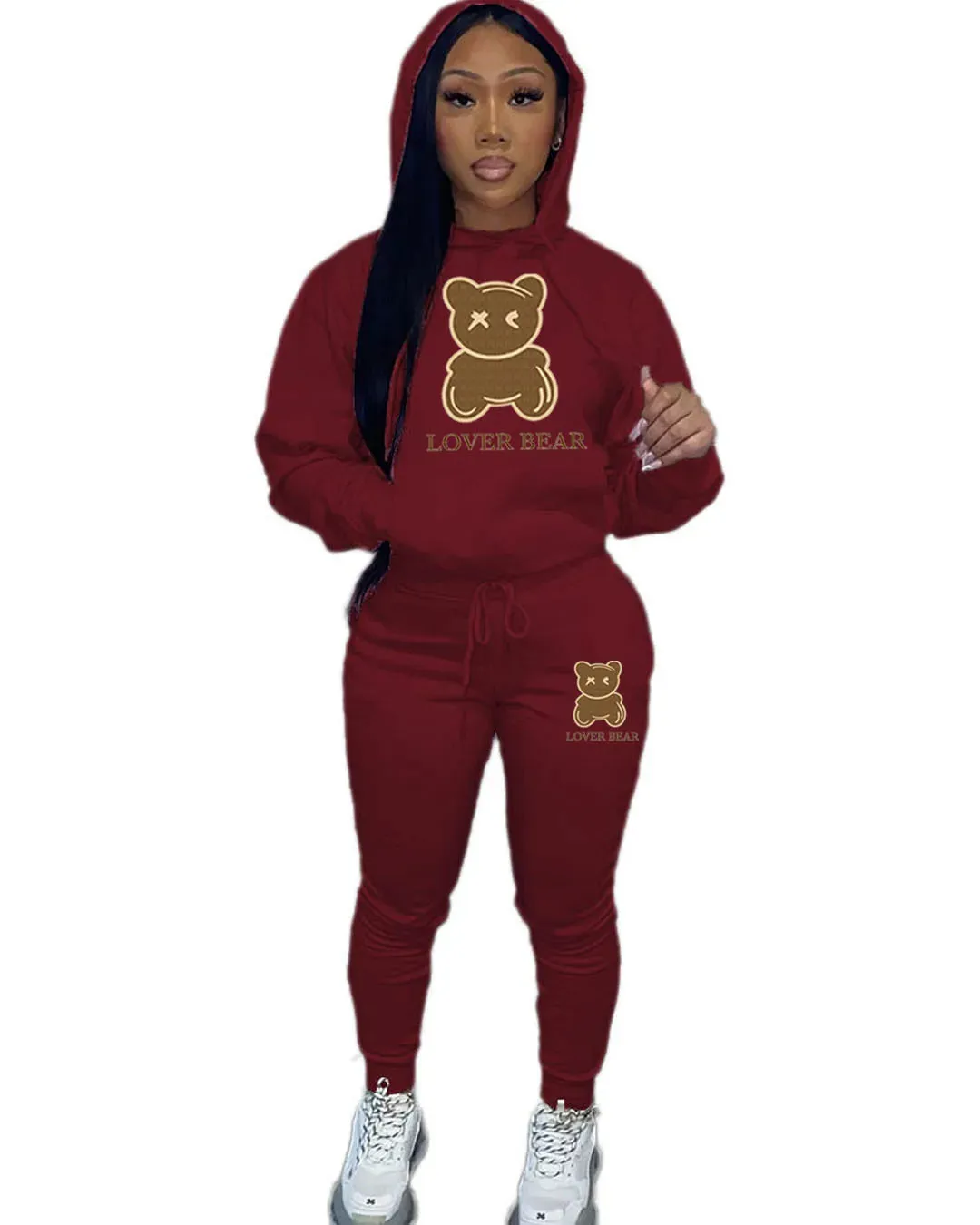 Women's "Lover Bear" 2-Piece Tracksuit Set – Long Sleeve Hoodie & Drawstring Pants with Kangaroo Pocket