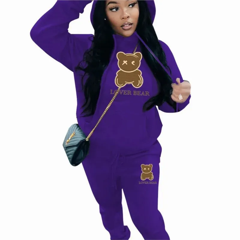 Women's "Lover Bear" 2-Piece Tracksuit Set – Long Sleeve Hoodie & Drawstring Pants with Kangaroo Pocket