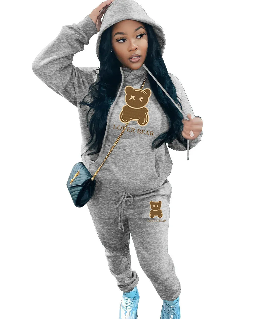 Women's "Lover Bear" 2-Piece Tracksuit Set – Long Sleeve Hoodie & Drawstring Pants with Kangaroo Pocket