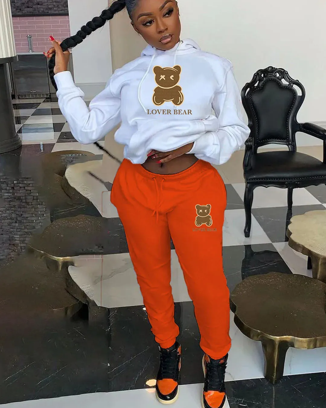 Women's "Lover Bear" 2-Piece Tracksuit Set – Long Sleeve Hoodie & Drawstring Pants with Kangaroo Pocket