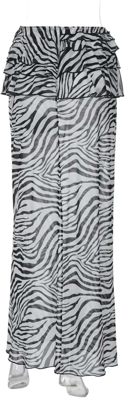 Women's Ruffled Printed Long Skirt High Waist Patchwork Striped Loose Streetwear Maxi Skirt