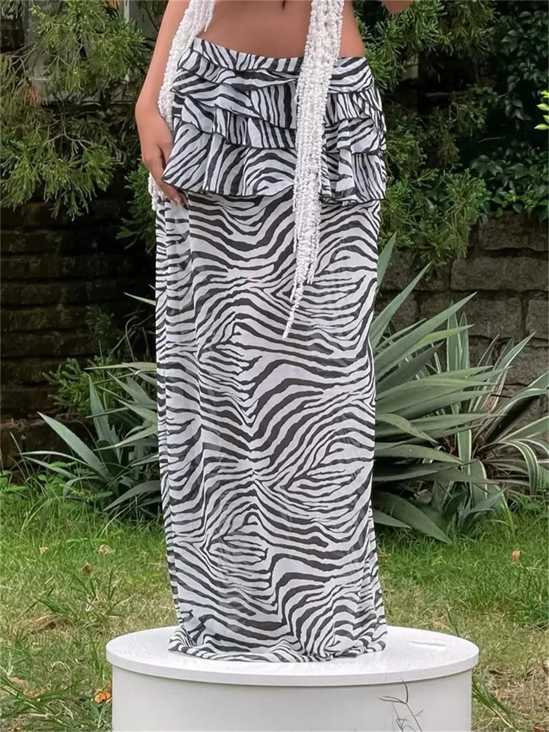 Women's Ruffled Printed Long Skirt High Waist Patchwork Striped Loose Streetwear Maxi Skirt