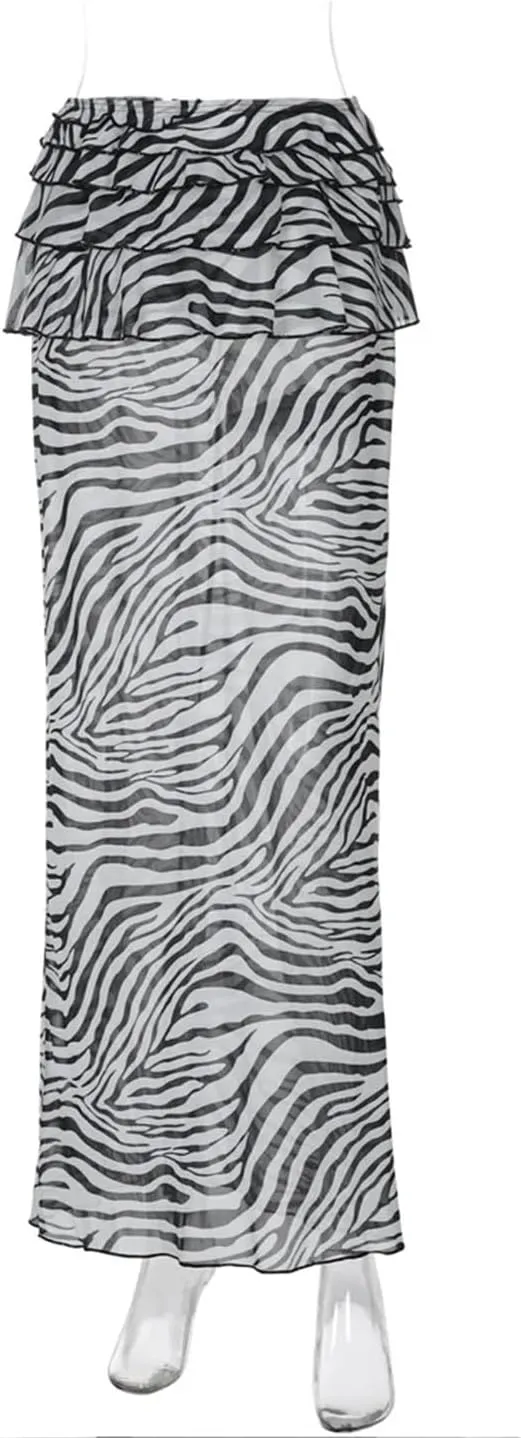 Women's Ruffled Printed Long Skirt High Waist Patchwork Striped Loose Streetwear Maxi Skirt