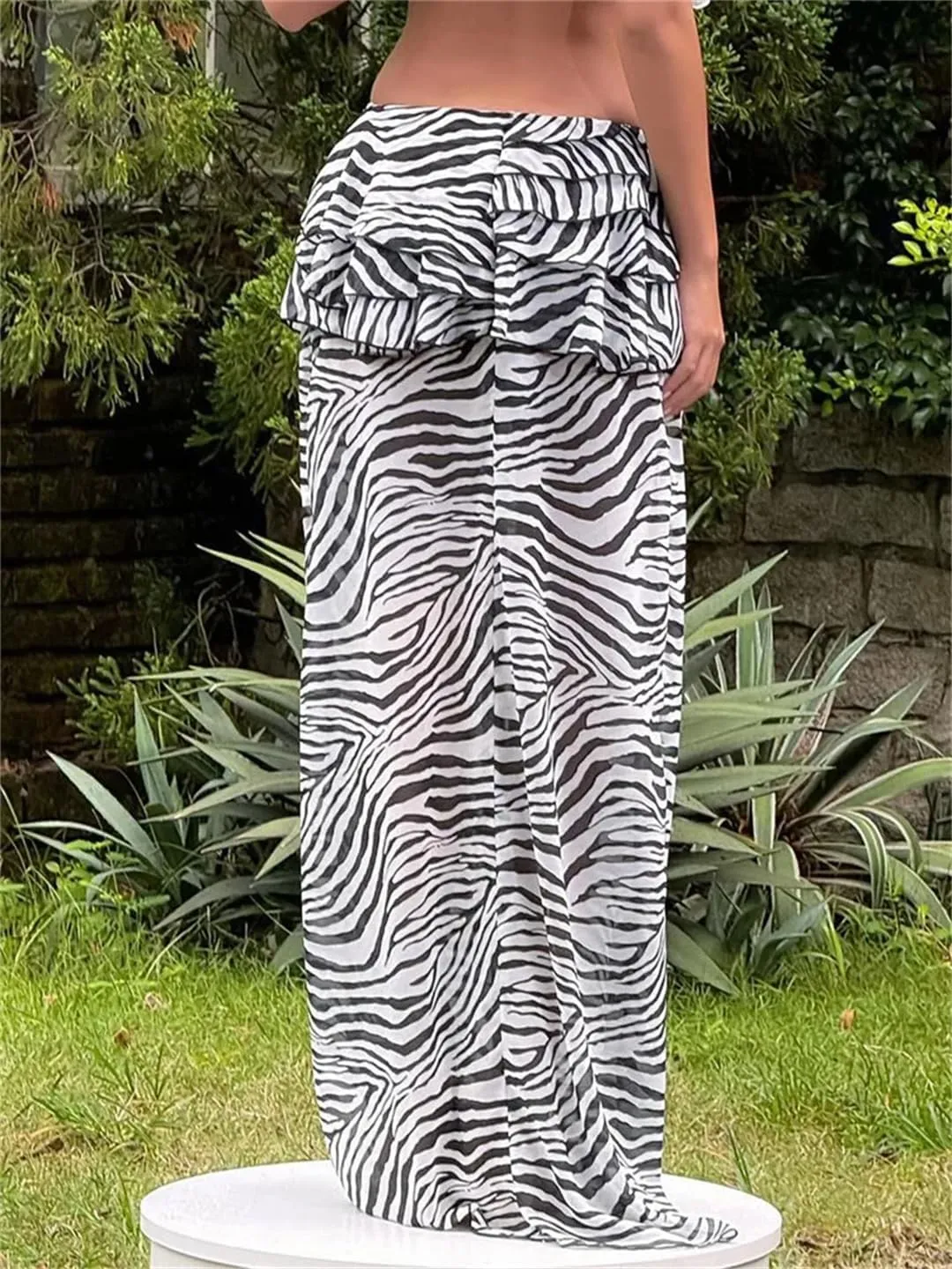 Women's Ruffled Printed Long Skirt High Waist Patchwork Striped Loose Streetwear Maxi Skirt